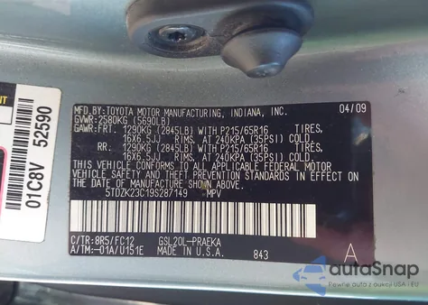 2009 Toyota Sienna Le z USA, uszkodzony, nr VIN 5TDZK23C19S287149